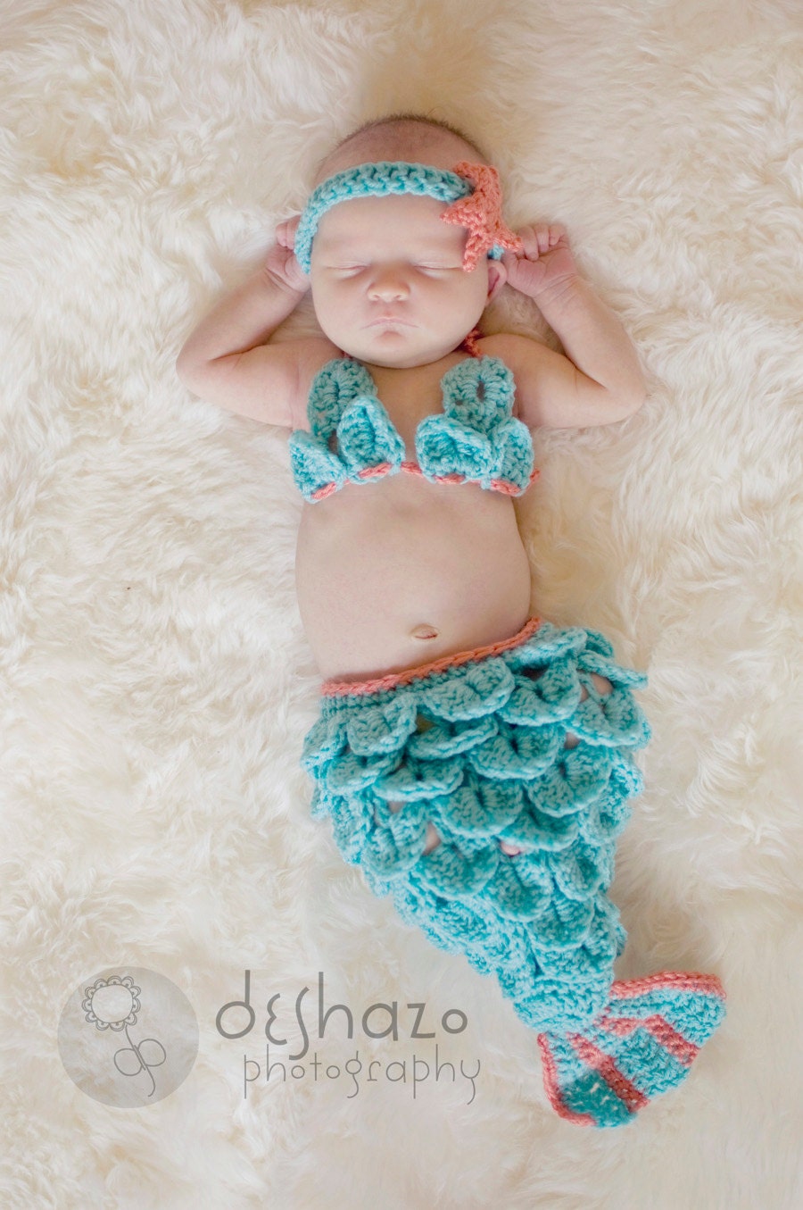 Newborn Crochet Mermaid Tail and Shell Top - Aqua With a Coral Accent - Made to Order - Photography Prop