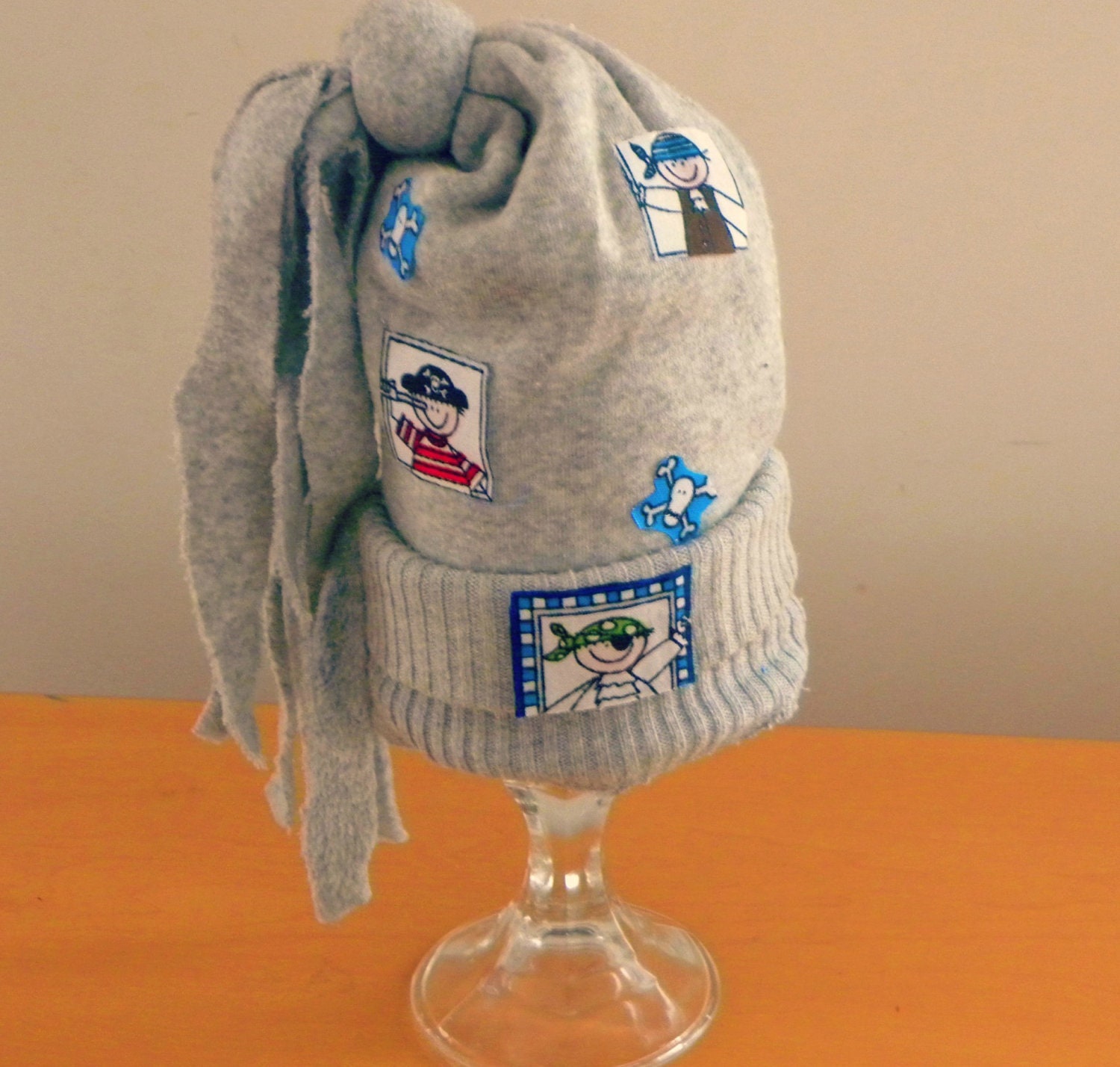 OOAK Baby Boys Grey Sweater Hat with Fringes and Pirate patch detail