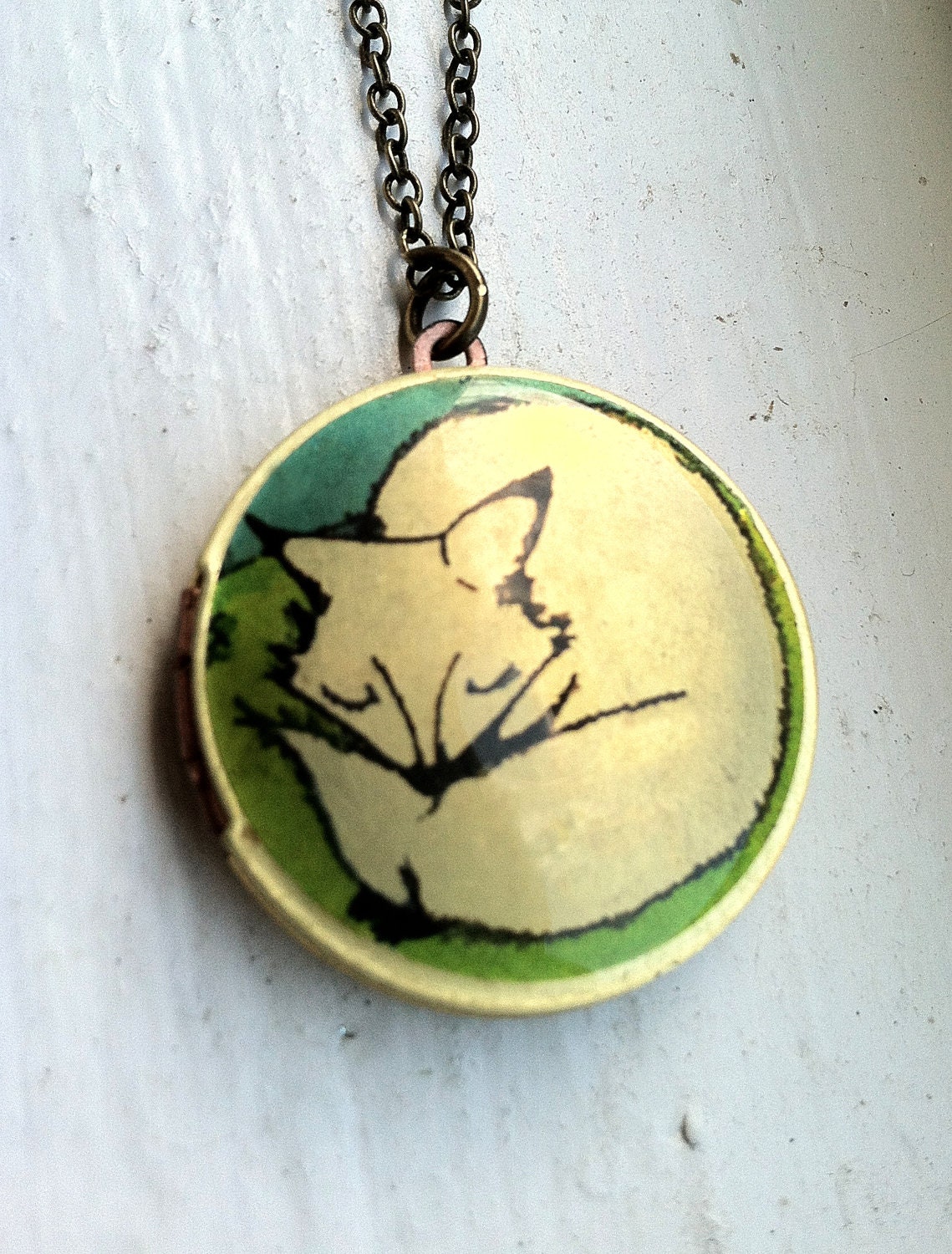 Sleeping fox locket, long necklace brass fox locket
