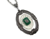 Art Deco Style Camphor Glass Cameo in Silver Necklace with Jade Green Glass Center by Dr Brassy Steampunk