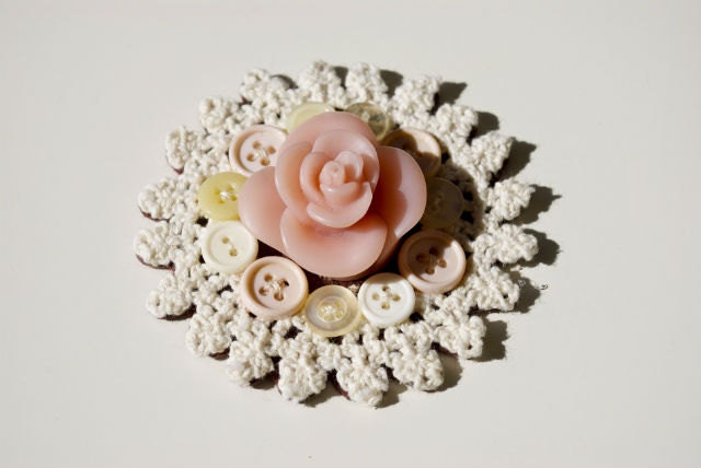 Upcycled Vintage Heart Circle Rose Crochet Doily Felt Brooch