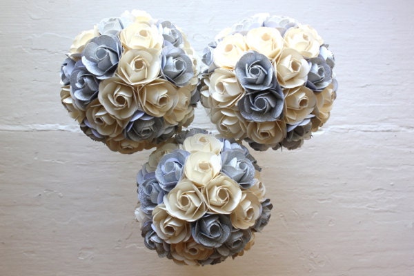 Paper Flower Bouquet, 3 Bridesmaid Bouquets, Ivory, Silver, Paper Rose