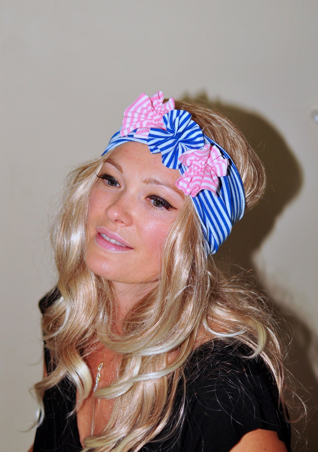 Headwrap Nautical Headband Stripe COTTON Flower Hair Scarf Turban Blue Nautical Beach White Stretch Jersey Stripes Head Covering