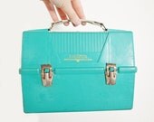 Vintage Turquoise Blue Thermos Brand Lunch Box Plastic Metal Clasps White Handle Back to School Autumn Fall Tool Box Supply Case Eveteam - mothrasue