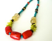 Red Coral, Turquoise, Chartreuse Coral, Peridot Jade, Black & Natural Agate Tribal Statement Necklace.  La Barbade Collection -  No. 1