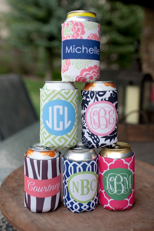 monogrammed drink koozie - choose one from 6 template designs, customize name/initials only