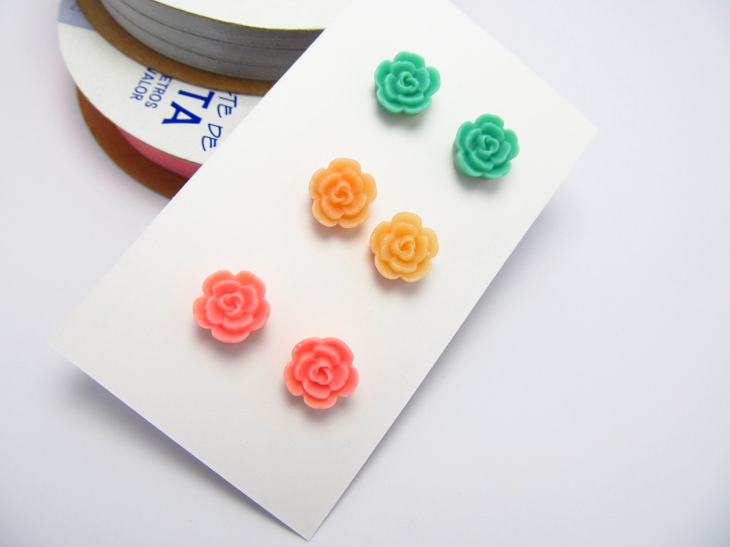 Lovely set of 3 pairs Floral Resin  Post Earrings- Mixed colors - Feminine Pretty-Sweet 16-Great Gift FREE SHIPPING