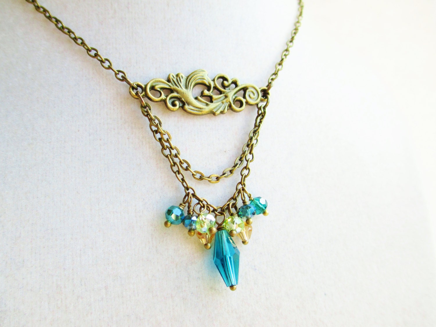 Lily Necklace With Teal Amber & Blue Dangling Crystals
