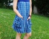 Artisan Smock Dress in Indigo Blue/Upcycled Dress/ Womens Dress with Pockets/Fitted Smock