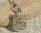 Beach glass pendant, wire wrapped cage with swirls, large white nugget, silver plated wire and chain,  wedding jewelry