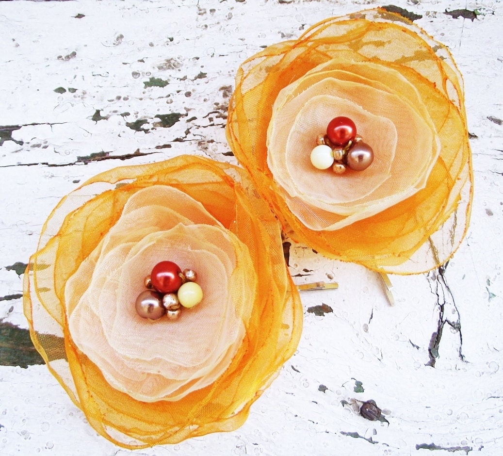 Orange, Ivory Organza hair flowers bobby pin bride summer wedding sunshine women fashion bridesmaids accessories europeanstreetteam
