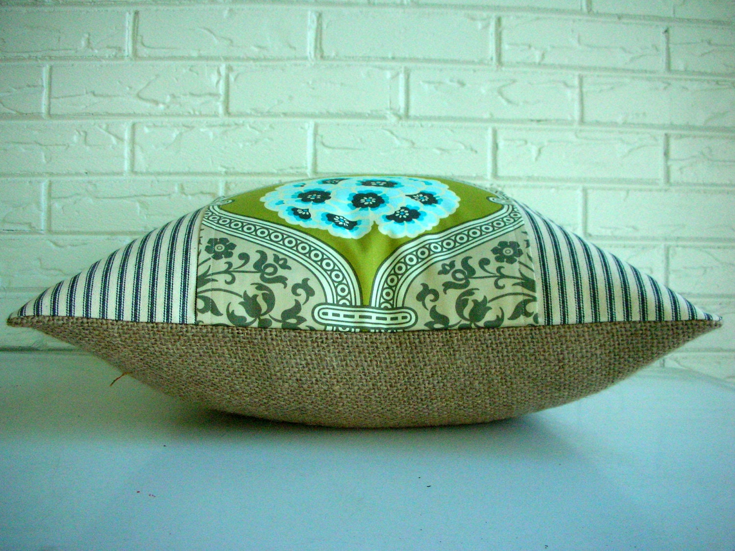 Decorative Pillow Cover - Throw PIllow - Bohemian Chic Cottage - Black IvoryTicking Floral Lattice - Olive Chartreuse Green Aqua Turquoise