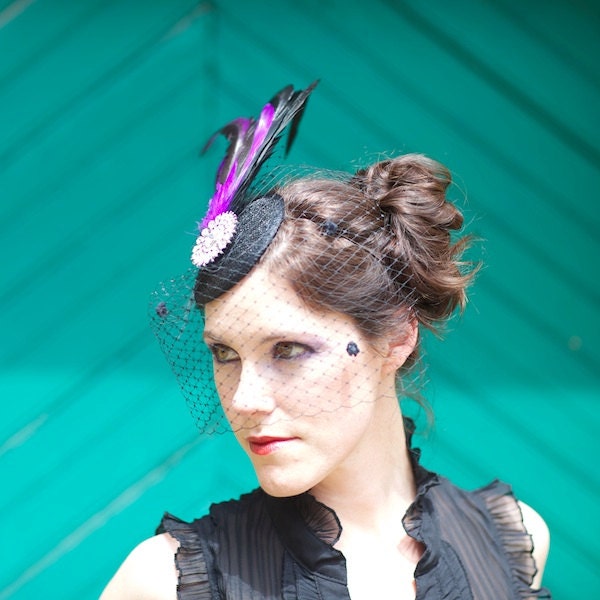 Black Fascinator Hat with Purple and Black Feathers Crystal Center and Veil - LE BEAU