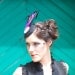 Black Fascinator Hat with Purple and Black Feathers Crystal Center and Veil - LE BEAU