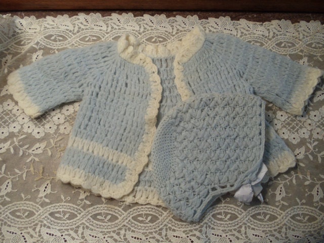 Antique Crocheted Diaper Shirt and Cap Blue Off White Layette Set