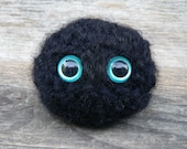 Black Cat Scrappy Buddy Puff Ball with Aqua Safety Eyes and Crocheted with Black Fuzzy Yarn