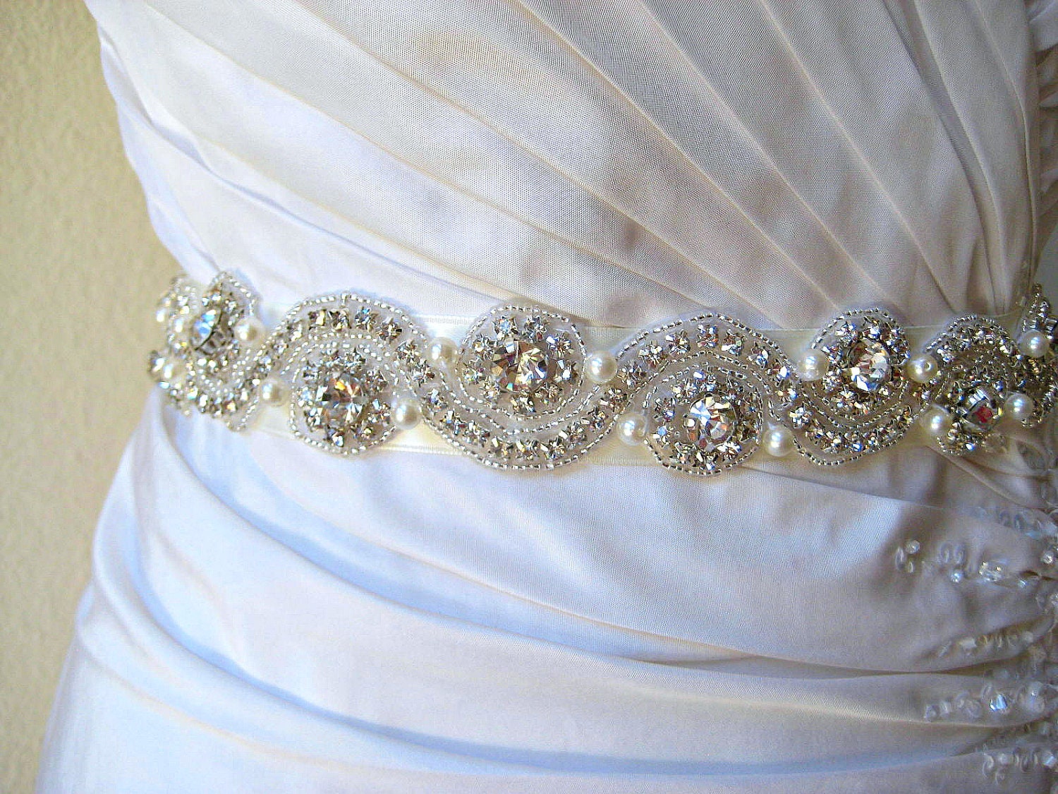 Bridal beaded crystal pearl wedding sash/belt. ETERNAL