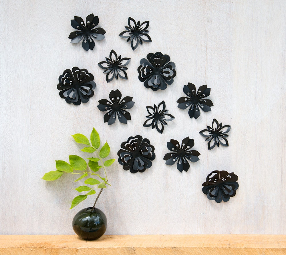Wall Decor Flowers, Black Blossoms, Pop-up, Set of 12, Made in Canada