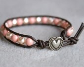 Pink Coral Bohemian beaded leather wrap bracelet, 1x, Chan Luu Style, Swarovski pearls, silver heart, pink, coral, pastel, soft color, SALE