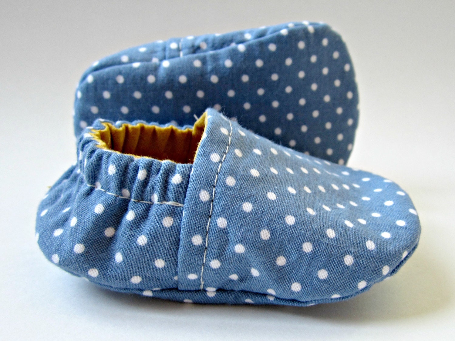 SALE - Reversible Baby Booties in Blue and White Polka Dots with Curry Yellow  - Size 2