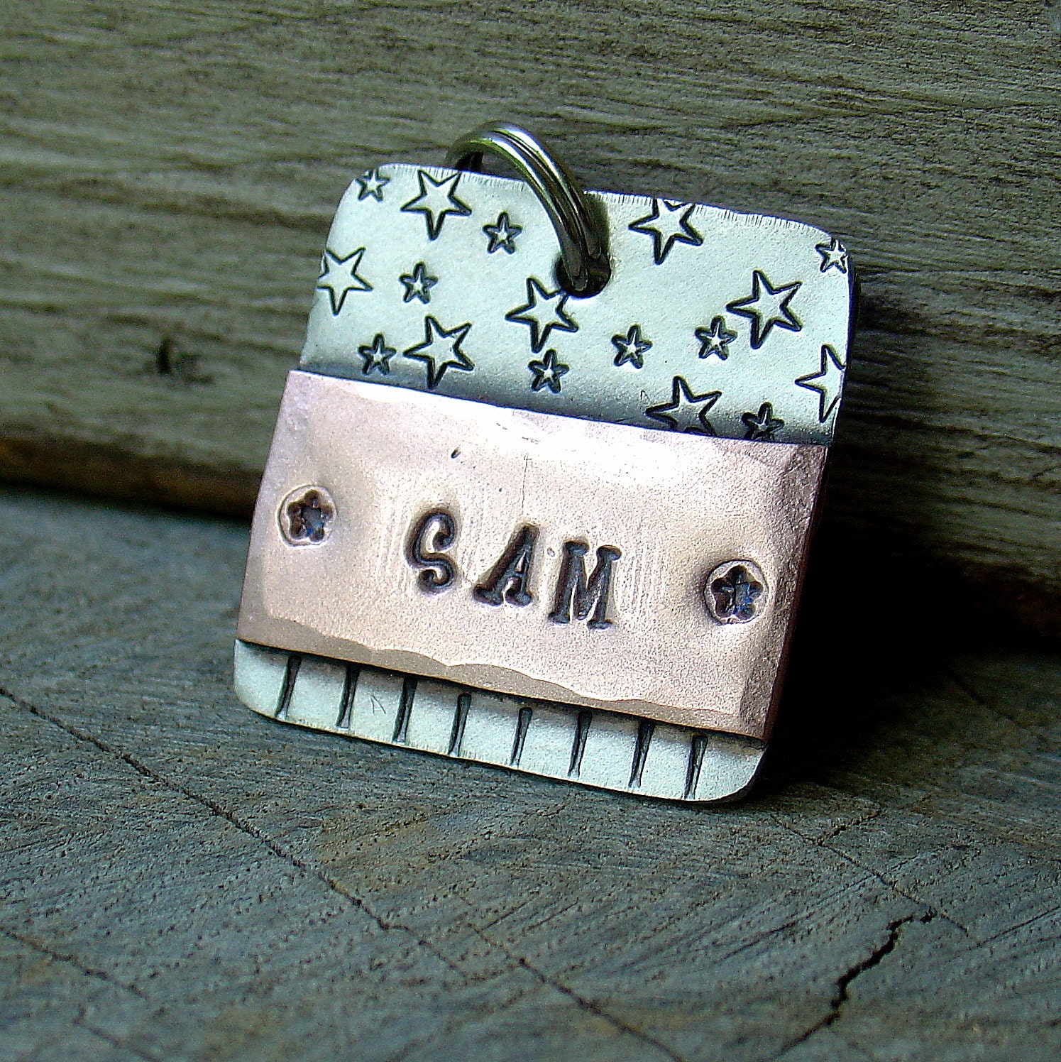 Dog ID tag- medium square metal dog tag in copper and silver- Stars and Stripes