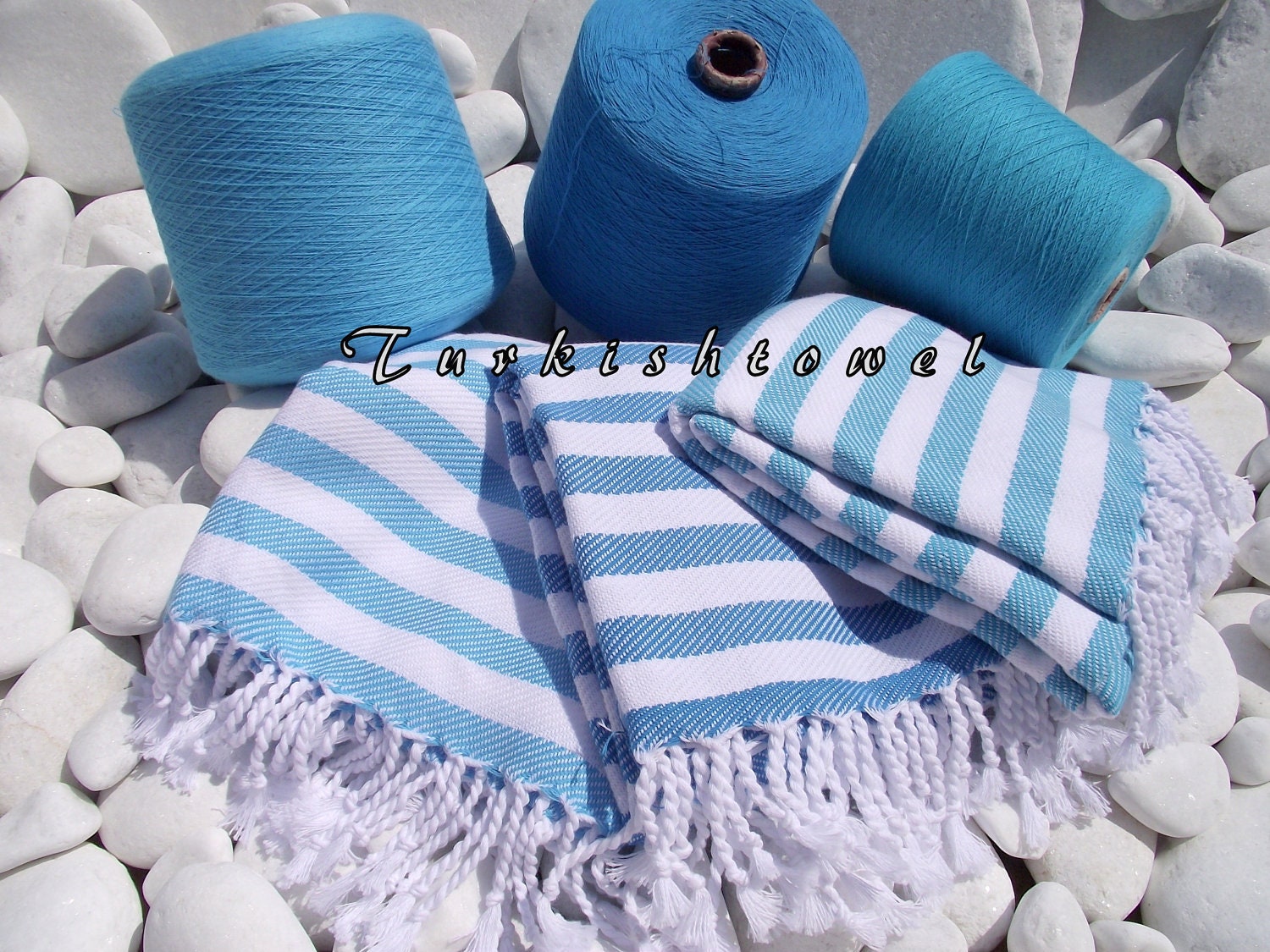 Turkishtowel-Soft-Highest Quality Pure Organic Cotton,Hand Woven,Bath,Beach,Spa,Yoga,Travel Towel or Sarong-Turquoise and White  Stripes