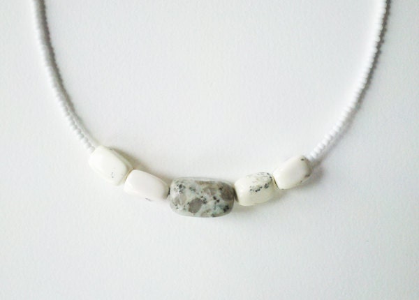 White magnesite, sesame jasper and white beads necklace with silver chain