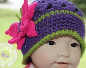 Baby Girl Hat - Butterfly Hat - Purple - Green - Hot Pink - Cloche - 0 to 3 months - Photo Prop - READY TO SHIP