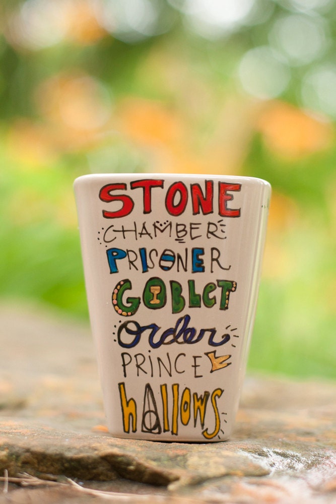 Simple Harry Potter Book Titles Mug - Medium, taupe square mug with glasses, lightning bolt, and owl - hand painted