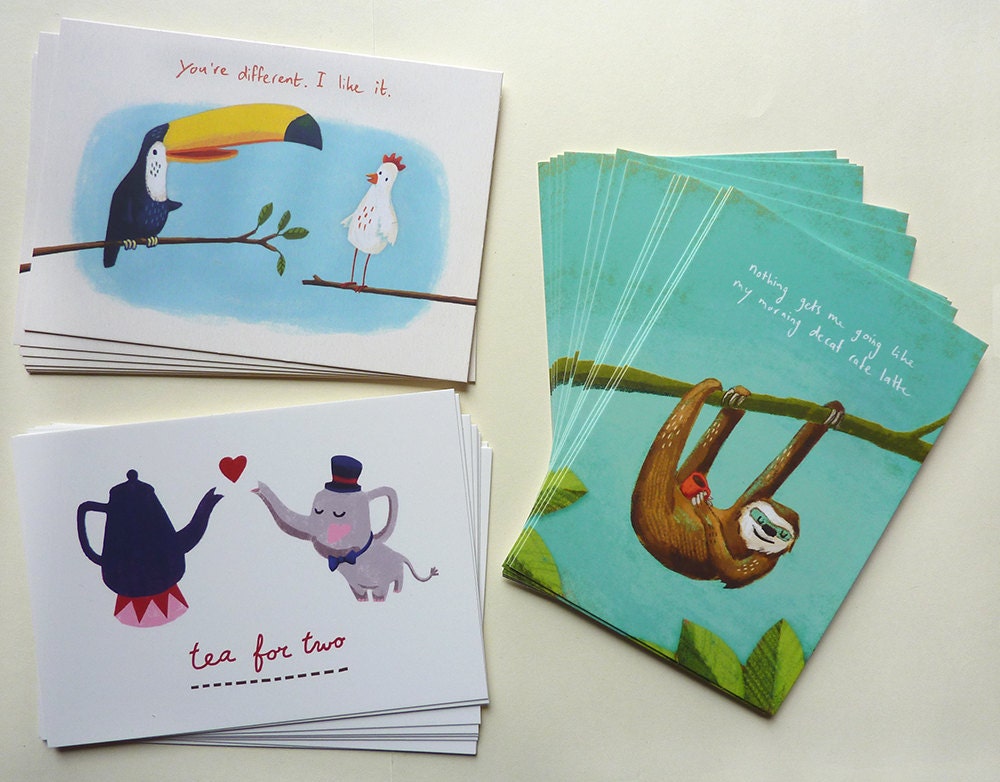 postcards art print - set of 6 - tucan, chicken, teapot, sloth, elephant, coffee