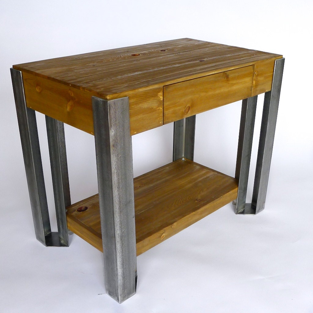 Gale Side Table angle iron welded steel legs and natural beetle kill pine wood with eco-friendly stain