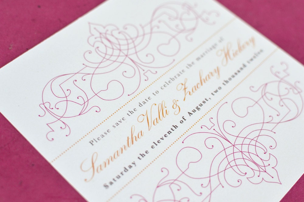 Wedding Save the Date Card : Citrus Vintage Bohemian with pink and orange - PlumetotheWind