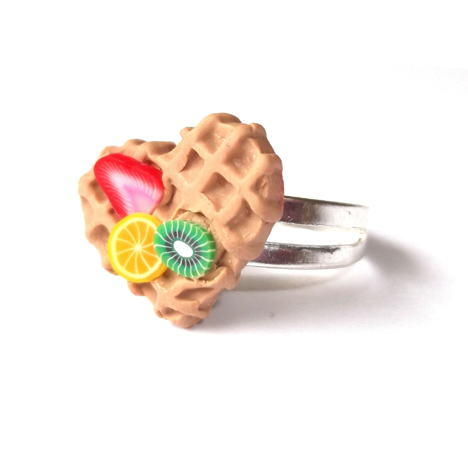 Ring Heart Waffle Fun Jewelry Kiwi Lemon Polymer Clay Miniature Food, Silver Adjustable Ring Kawaii Jewelry