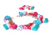 Bracelet Earrings Roses Pink Turquoise, Polymer Clay Rose, Silver Jewelry