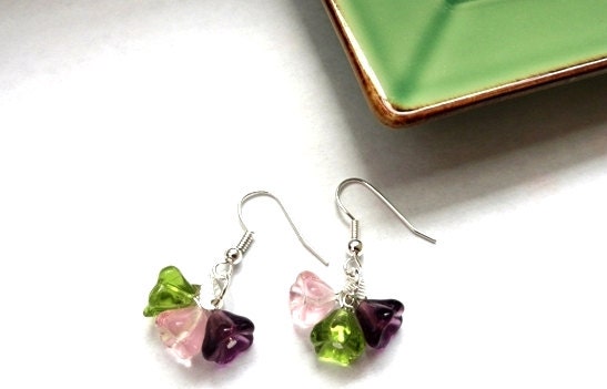Flower earrings - green, pink, purple glass flower beads - petite bouquet jewelry gift for her