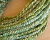 Handspun Yarn - Frog Prince, BFL, Silk, Cotton with Sparkle, hand dyed, 2-ply, bulky weight