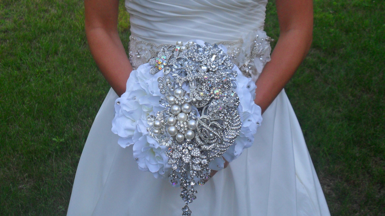 Large Brooch and Jeweled Bouquet on Silk Roses