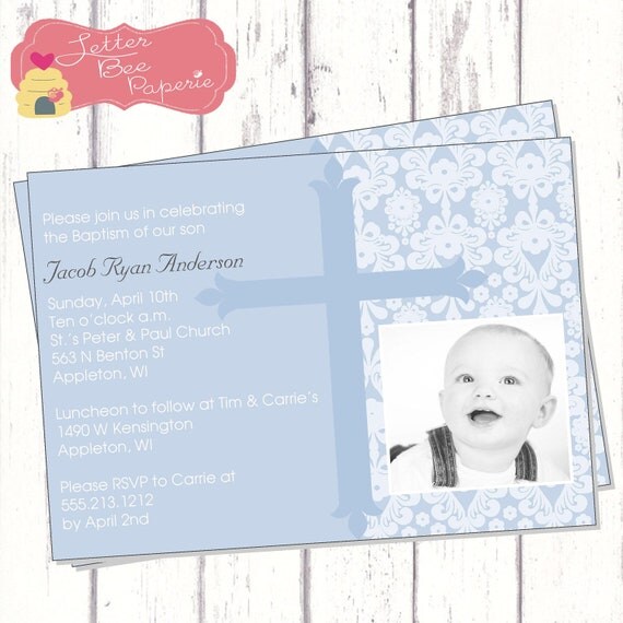 Classic Boys Custom Baptism Photo Invitation - Choose Your Colors - Printable File Il_570xn