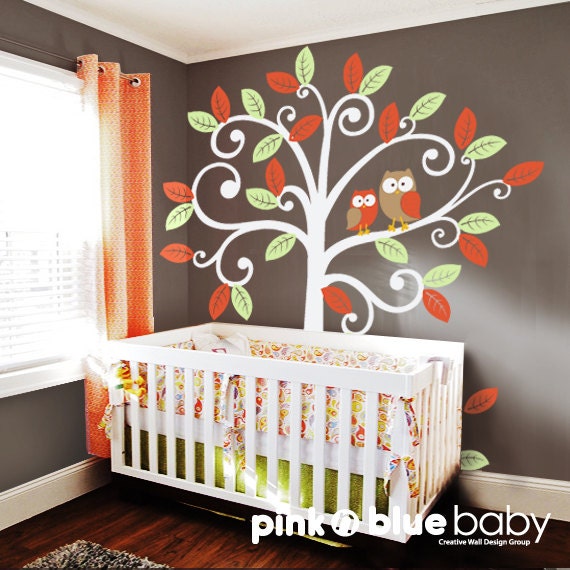 Wall Decal Baby Nursery Decor - Owls and Swirly Tree - Nursery Kids Wall Decal