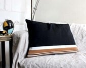 Black Crimplene Accent CUshion/Pillow with White and Caramel Stripes. 70s Retro Look. 16x24'' (40x60cm). SHIPS FREE