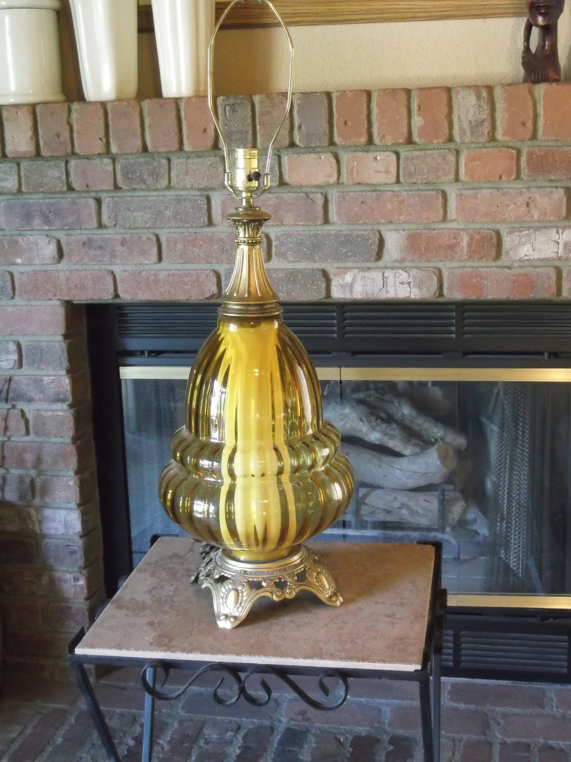 Rare Beautiful 1970s Amber Acorn Shaped Glass Table Lamp