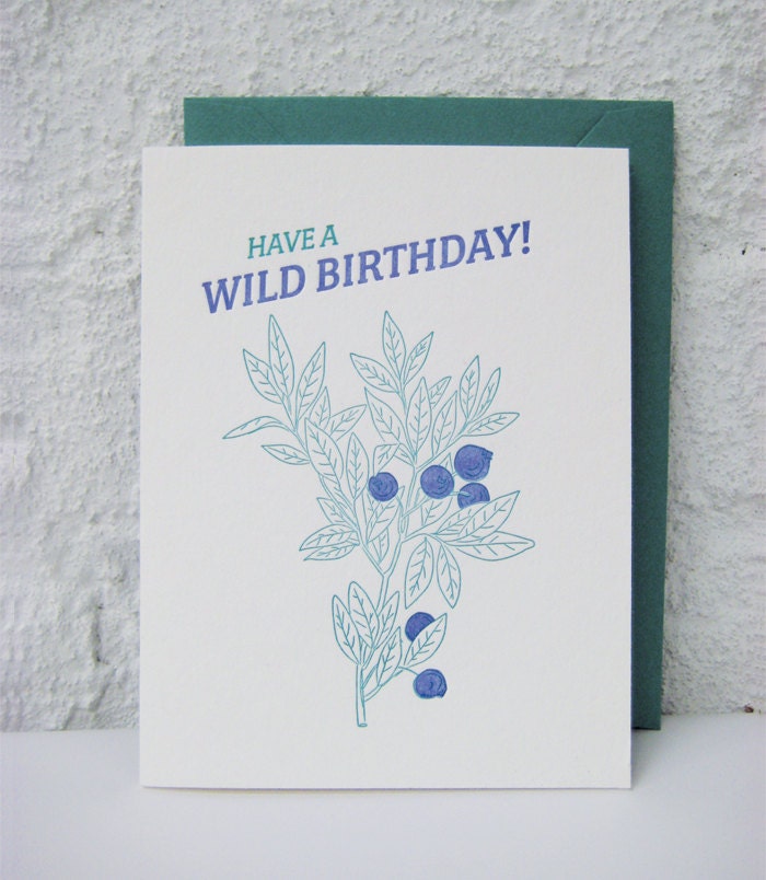 Letterpress Birthday Card - Happy Birthday - Wild Birthday - Wild Blueberries - Nature lover - outdoors - green - blue - natural - hiking