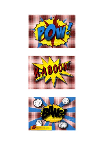 Boy Pop Art Prints-"KABOOM, BANG, POW" sound effects in comic book style- 5x7 prints