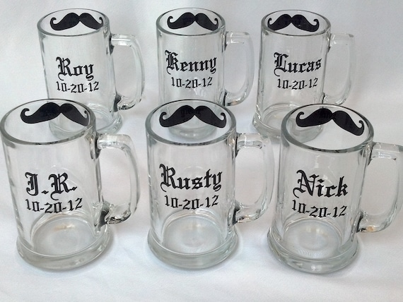 Gift for Groomsmen beer mugs, 6 Chalkboard mustache mugs personalized with name and wedding date