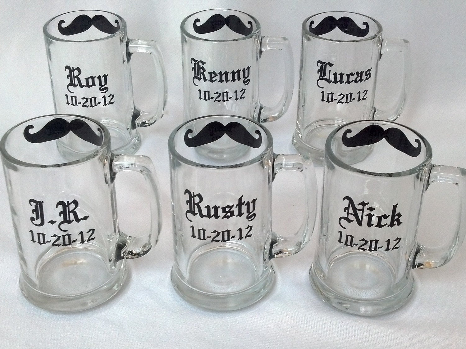 Gift for Groomsmen beer mugs, 6 Chalkboard mustache mugs personalized with name and wedding date