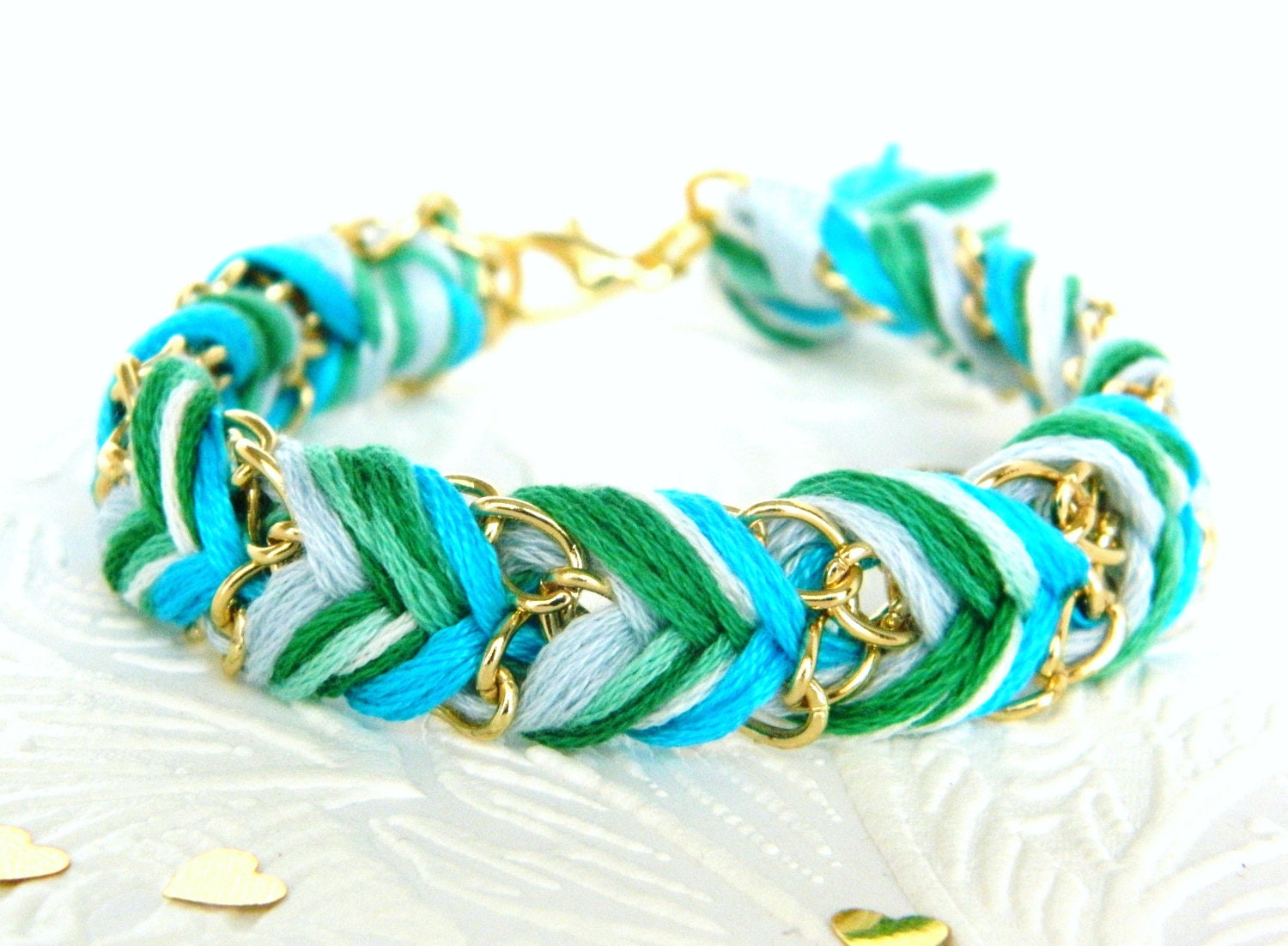 Frosted Mint - Bright Skies, Green Swirl, & Neon Turquoise - Chevron Braided Modern Friendship Bracelet - Gold Chain