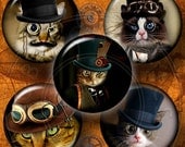 Steampunk Cat - Digital Collage Sheet CG-556 - 1.5 inch (or smaller) circles - for Scrapbooking, Resin Pendants, Bottle Caps