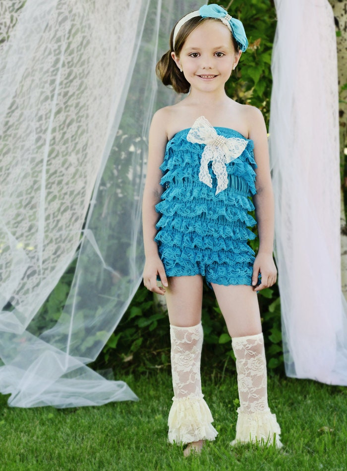 Lace Romper in Turquoise - BIG Vintage Lace Bow with Rhinestone Belt- Baby Romper- Girls Rompers