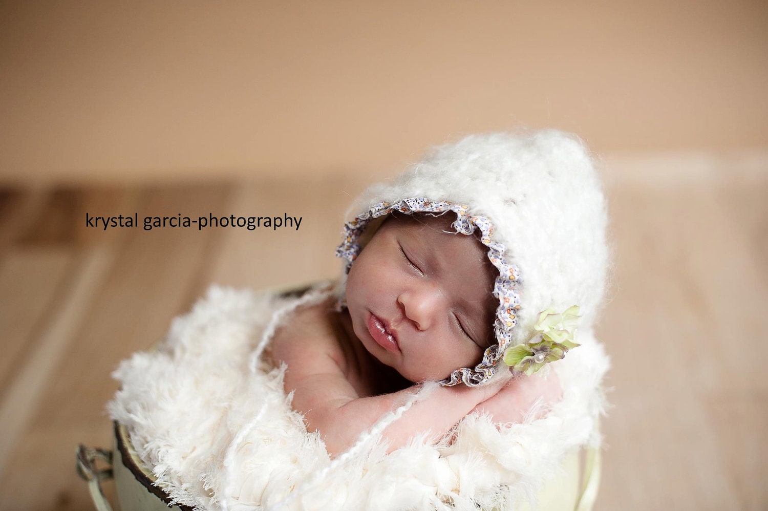 Newborn White Bonnet with Ruffle and Flowers