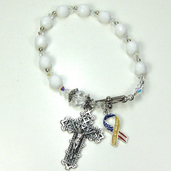 White Rosary Bracelet Keep My Son Safe Flag Ribbon Crucifix Catholic Vintage Swarovski Crystal Bead